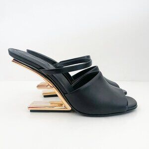 Fendi First Mule Slide Sandals Heels Black Gold Calfskin 38